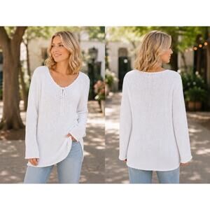 Lauren Ralph Lauren White Knit Tie Front V-Neck Sweater XL Cottage Core NWT